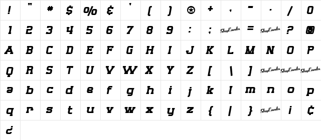 SF Big Whiskey Bold  glyph index