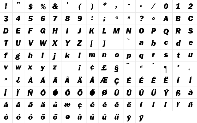 Franklin_Gothic-BlackItalic Regular  glyph index
