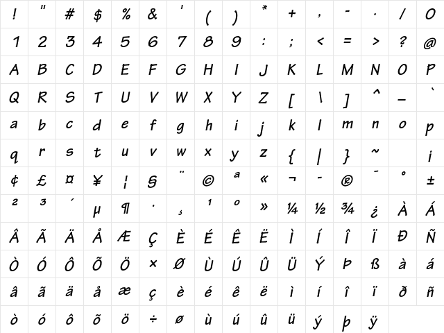 Tekton Pro Bold Oblique  glyph index