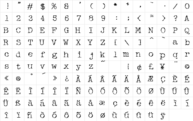 Detective Bold  glyph index