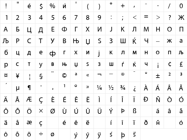 MMyriadRoman Regular  glyph index