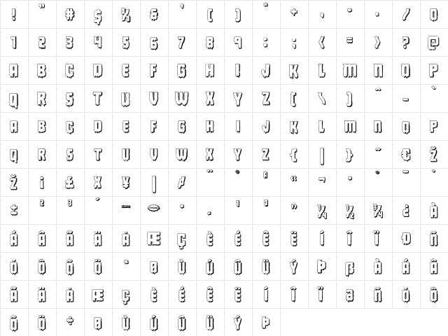 Deathblood 3D Regular  glyph index