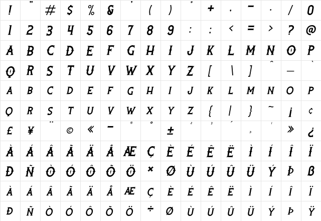 Rooters Italic  glyph index