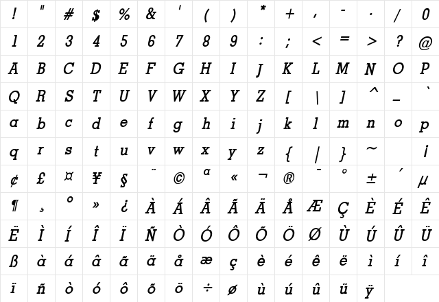 Geo Condensed Bold Italic  glyph index