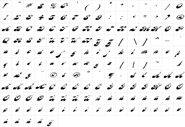 HaightExtended Oblique  glyph index