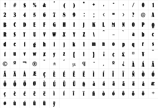 AkronBoldCondensed Regular  glyph index