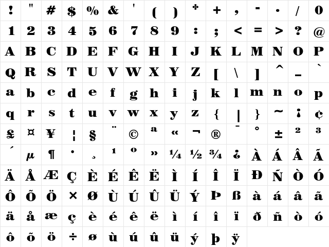 Century 725 Black  glyph index