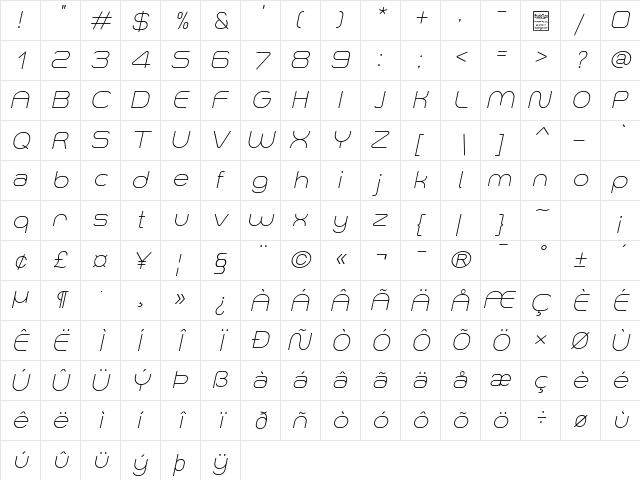 Smush Light Italic  glyph index