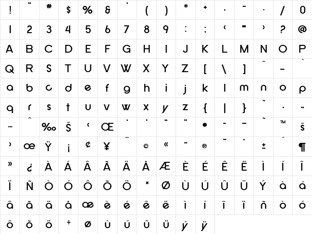 SF New Republic Bold  glyph index