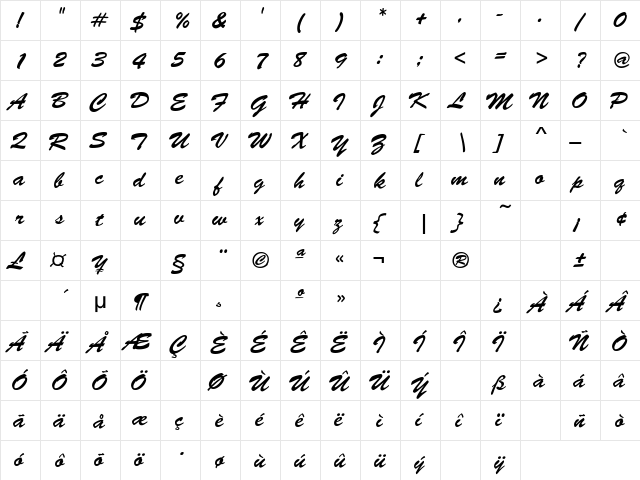Brush-Script Regular  glyph index