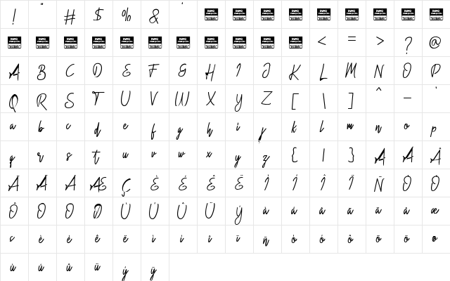 Hidario Regular  glyph index