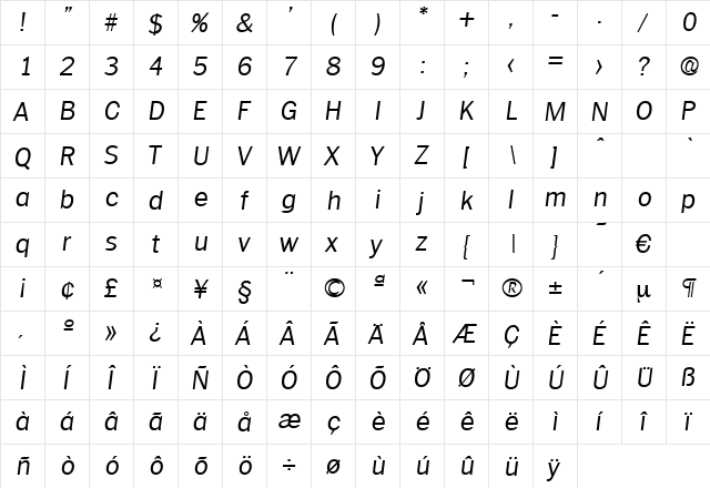 Plymouth-LightIta Regular  glyph index