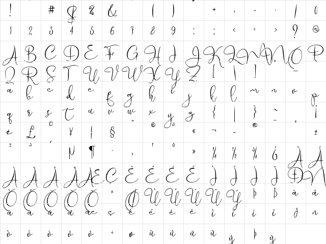 Marellia Script Regular  glyph index