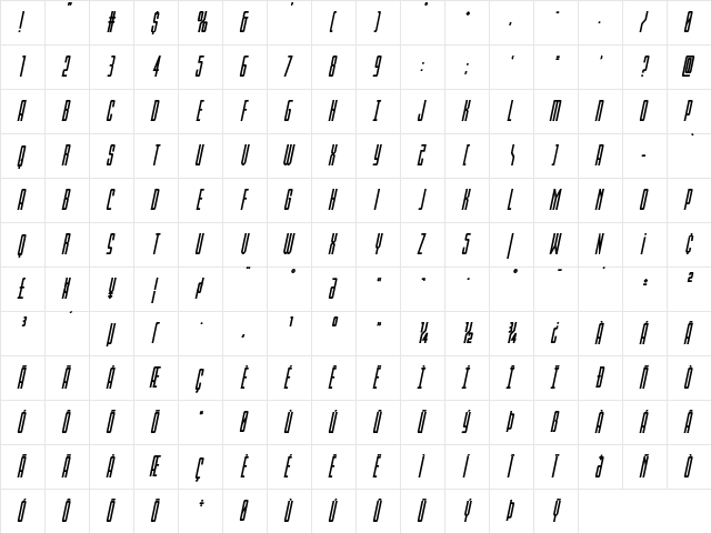 Blue Cobra Bold Italic Regular  glyph index