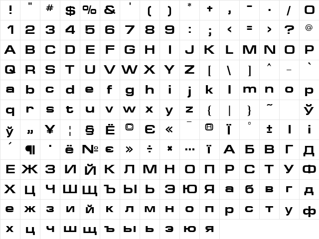 EuropeExt Bold  glyph index