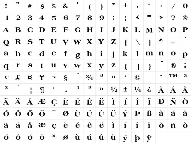 Americana T Extra Bold  glyph index