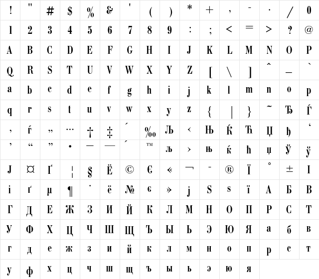 BodoniCondC Regular  glyph index