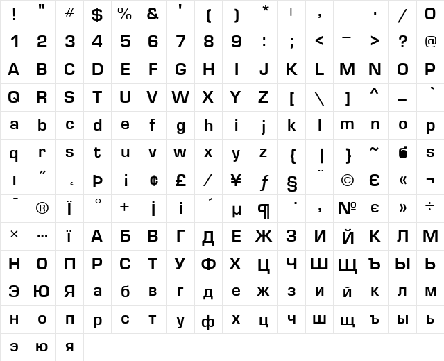 Evropa Bold  glyph index