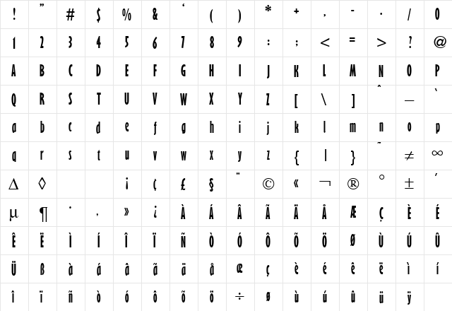 GibsonNarrow DB Bold  glyph index