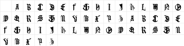 101! Gothic Alpha Regular  glyph index