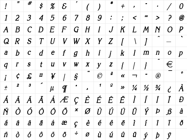 KeiraCondensed BoldItalic  glyph index