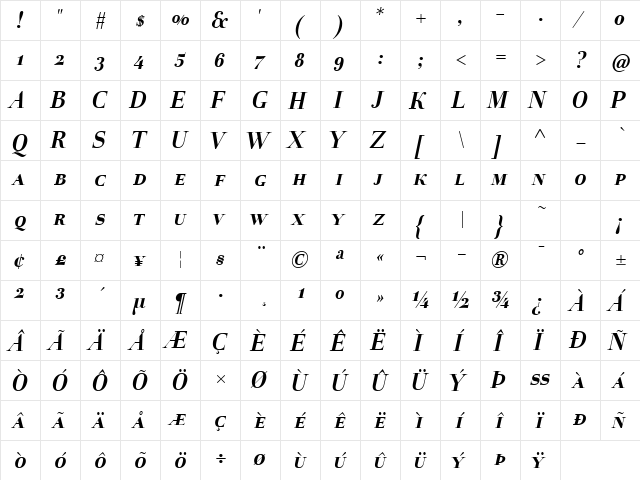 Holmen-BoldItalicSC Regular  glyph index