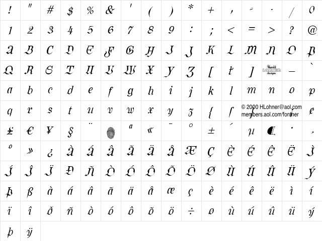 Kombine Kursiv  glyph index