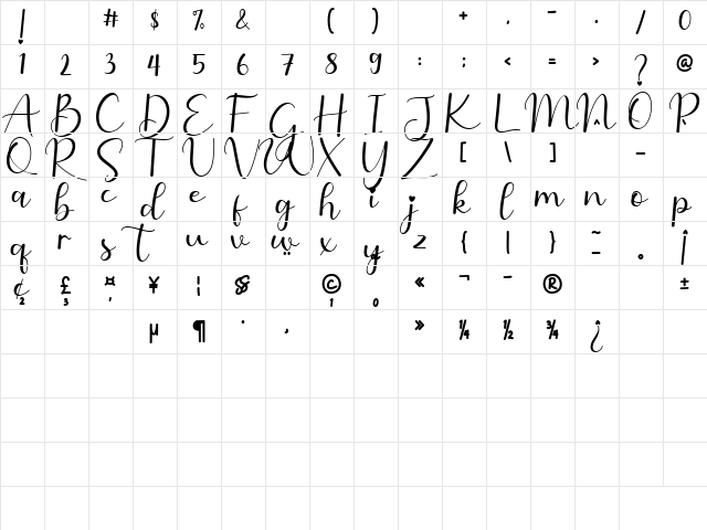 Valenttiena Regular  glyph index