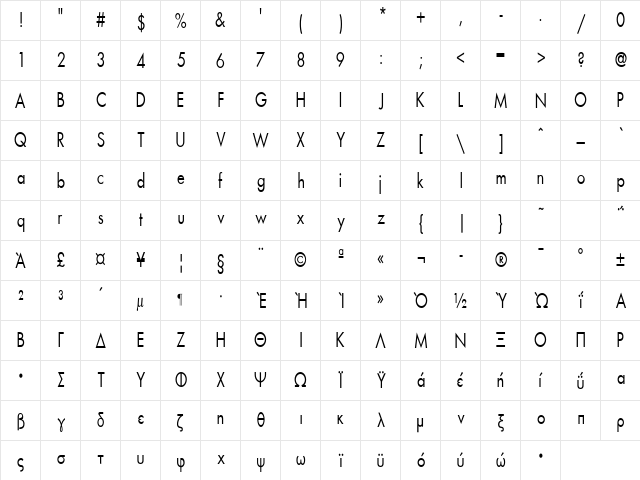 HellasFun Condensed Plain  glyph index