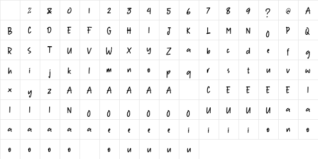 SpiderBrush Regular  glyph index