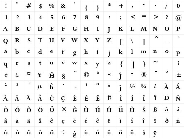 Lapidary333 BT Eo Bold  glyph index