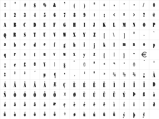BeauThin Normal  glyph index