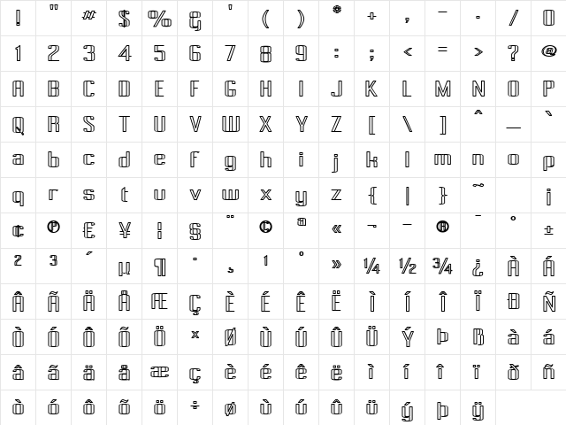 Pecot Outline Bold Regular  glyph index