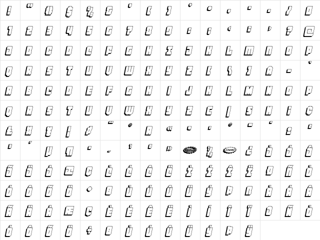 Homebase Super 3D Italic Regular  glyph index