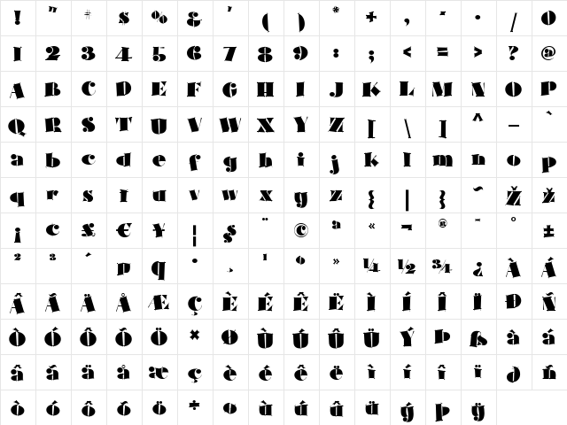 Slapdash Deco NF Regular  glyph index