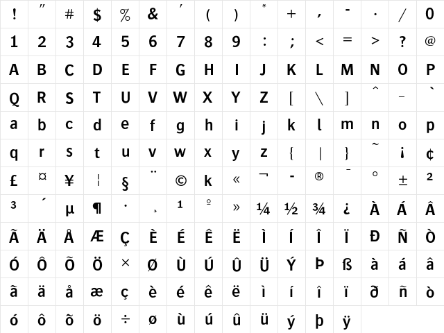 Bosis Regular  glyph index