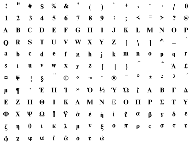 NimbusRomDGR Bold  glyph index