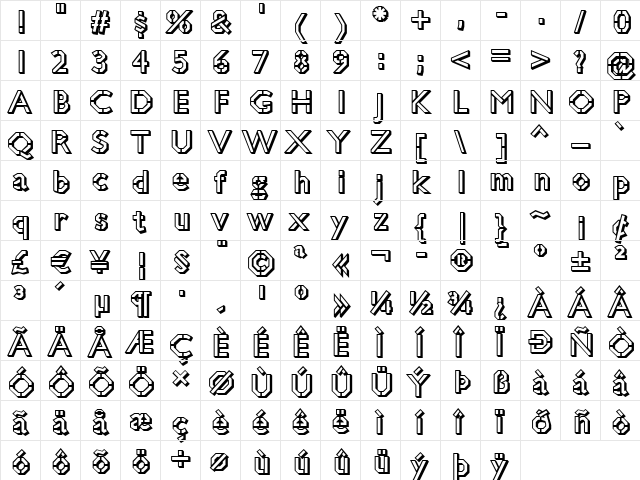 Jillican War 3D Regular  glyph index