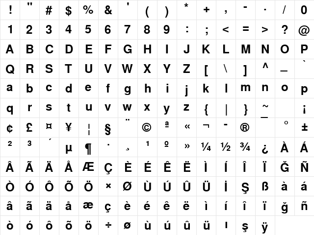 NimbusSanLTU Bold  glyph index