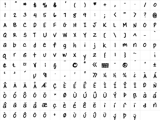 YanksHand Bold  glyph index
