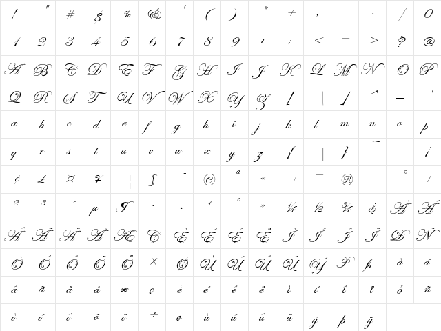 Edwardian Script ITC Regular  glyph index