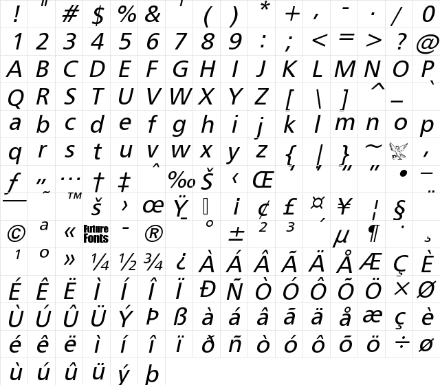 Gibson Bold It Regular  glyph index