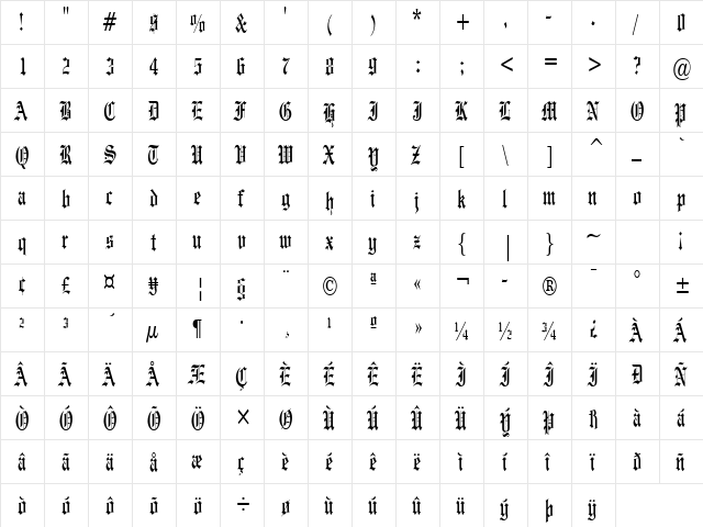Engraved Thin Normal  glyph index