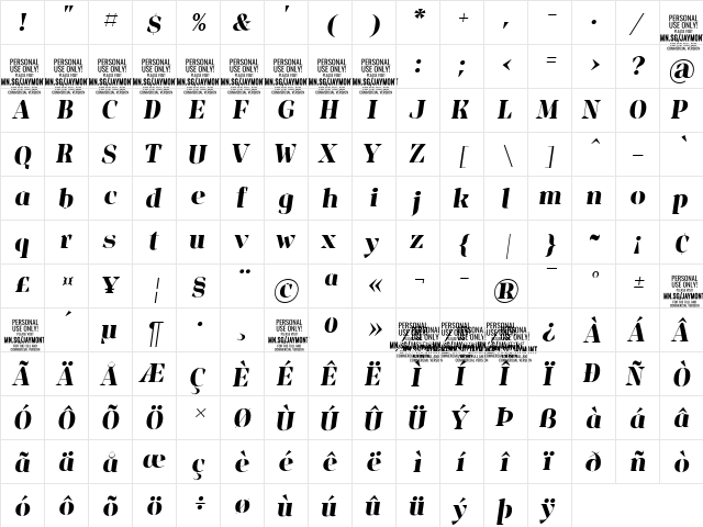 Jaymont PERSONAL Bold Italic  glyph index