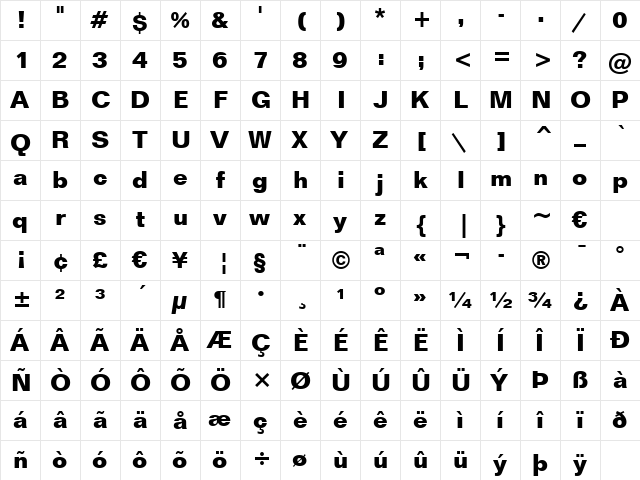 Folio Bk BT Bold  glyph index