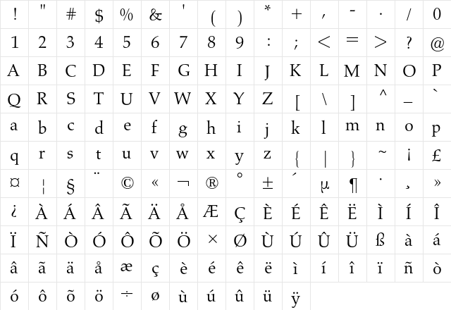 Aldus BQ Regular  glyph index