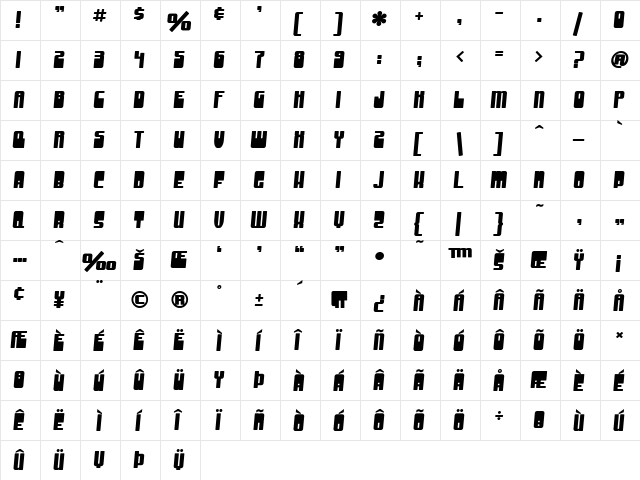 SF Groove Machine Bold  glyph index