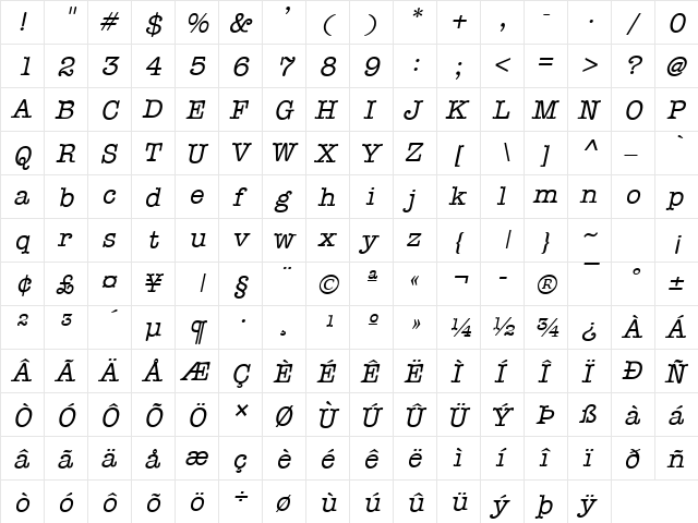 News Italic  glyph index