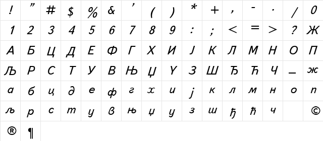 Book-Cirilica Italic  glyph index