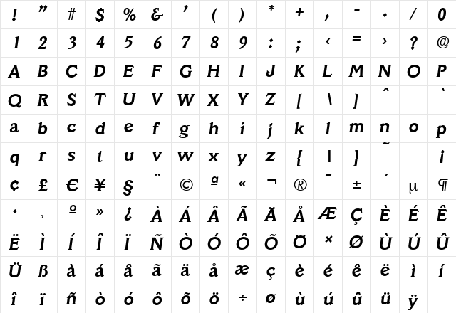 VeracruzSerial BoldItalic  glyph index